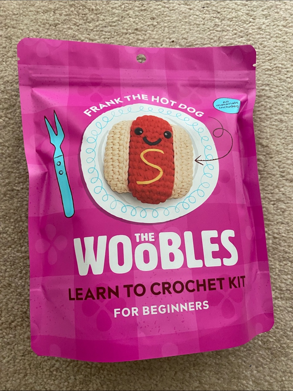 The Woobles "Frank the Hot Dog" Crochet Kit - Pink Packaging